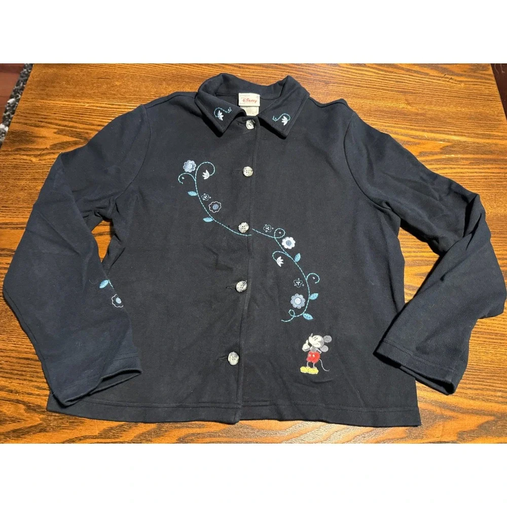 vintage Disney Mickey Mouse Embroidered Button Front Cardigan Womens S Navy Blue